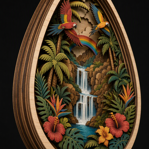 Shadowbox Personalizado con Diseño de Paraíso Tropical en Forma de Lágrima |   Escena de Cascada de Hibisco <span class=keywords><strong>y</strong></span> Macaw Cortada con Láser en Madera Contrachapada de Álamo Multicapa - Product Image 3