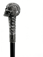 Canne de marche vintage gothique sculptée pour gentleman, avec poignée en résine tête de mort mexicaine argentée antique