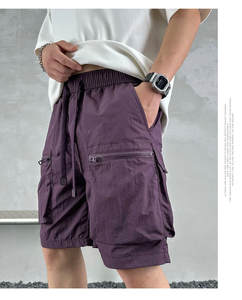 Shorts cargo décontractés en coton polyester tissé, mi-respirants, à taille élastique, 6 poches, teinture unie, pour hommes, pantalon mi-long - Product Image 6