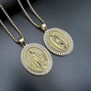 yunnique Hip Hop Religious Pendant Necklace Stainless Steel Gold Plated Zircon Inlay Oval Charm For Men Women Gift Jewelry - Product Image 1