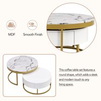 Nouveau Design Table Basse Gigogne Ronde Crème Moderne avec Tiroirs, Table Nid Circulaire Or et Blanc pour Salon