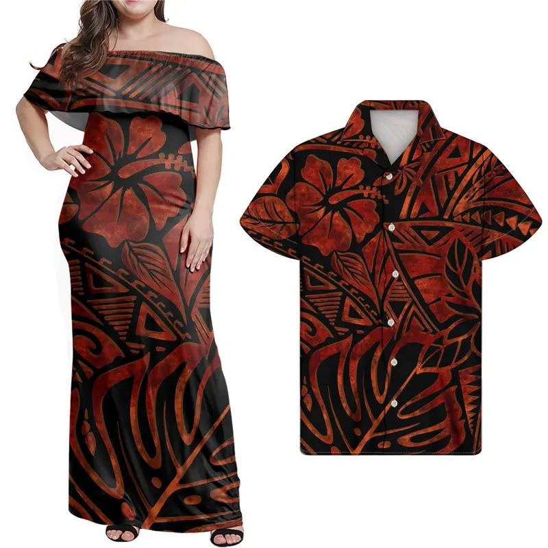 Fantezi kırmızı polinezya Tribal çiçek fırfır kapalı omuz zarif elbise eşleştirme erkek gömleği Custom Made Casual kızlar için elbiseler