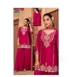 Traje Palazzo Rosa Bordado de Diseñador Rani para Mujer, Ropa Tradicional India para Bodas, Fiestas y Eventos Festivos con Dupatta - Product Image 3