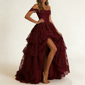 Robes de soirée élégantes pour femmes, en dentelle bordeaux, épaules <span class=keywords><strong>d</strong></span>énudées, jupe à volants à plusieurs niveaux, fente haute, maxi, pour gala, mariage - Product Image 2