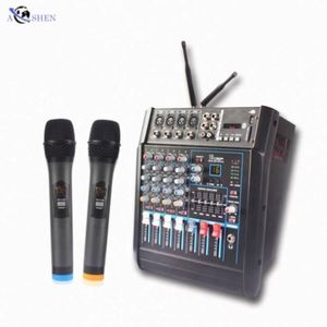 Mezclador de Audio Profesional de 4 Canales con Amplificador de Potencia Integrado y 2 Micrófonos Inalámbricos para DJ, Espectáculos y Escenarios - Product Image 1