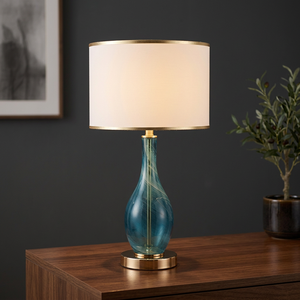 Modern PT24111 Table Lamp <b>White</b> Linen Shade Gold Edge Blue Glass-Plated Brass Body E26/E27 Decorative Lampholder Living Room - Product Image 3