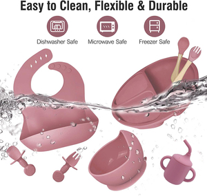Ensemble de Vaisselle pour Bébés et Tout-Petits en Silicone Sans BPA avec Assiette à Ventouse, Bol, Bavoir, Fourchette, Cuillère et Tasse - Product Image 5