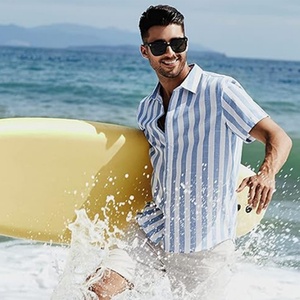 Camisas de Vestir Casuales y Elegantes para Hombre, de Manga Corta, con Estampado de Rayas, de Algodón, para Vacaciones, con Logotipo Personalizado ODM, Transpirables, con Cuello Alto - Product Image 6