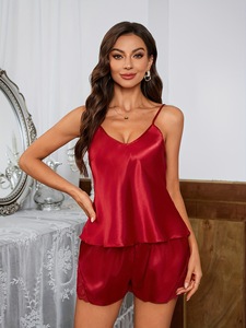 <span class=keywords><strong>Pijamas</strong></span> de Verano para Mujer, Sensuales, con Sensación de Seda, Tirantes Finos, Shorts de Encaje, Tela Viscosa Fresca y Delgada, Estilo Europeo-Americano - Product Image 3