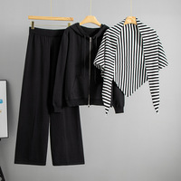 Ensemble pull tricoté pour femme avec sweat à capuche zippé, pantalon large et écharpe rayée pour l'automne-hiver