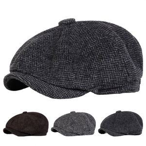 Nouveau chapeau de newsboy britannique pour hommes d'âge moyen et âgés, chaud et épais, en tweed rétro, 8 panneaux, pour l'automne et l'hiver - Product Image 2