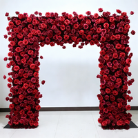 S517 Arche florale carrée de 2,4 m en soie rouge foncé avec roses artificielles pour décoration de toile de fond de mariage