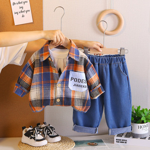 도매 아기옷 체크무늬 패치 셔츠 세트 봄 가을 신상 긴팔 스타일 캐주얼 셔츠 3종 세트 - Product Image 3