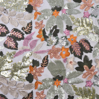 Tela Elegante con Bordado Floral de Lentejuelas Color Marfil, Malla de Encaje Colorida para Vestidos de Novia y Prendas de Alta Costura