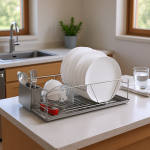 Égouttoir à vaisselle en acier inoxydable avec plateau de drainage et porte-couverts, organisateur de rangement de cuisine - Product Image 2