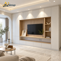 Meuble TV mural sur mesure pour toute la maison, finition blanc mat, grain de bois, étagères ouvertes encastrées et tiroirs pour appartement et salon (OEM/ODM)