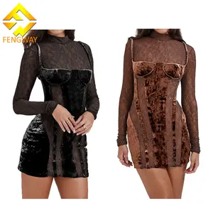 New Fashion Women Tweed Dress Autumn Winter Lace Patchwork Lace