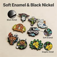 Badge métallique personnalisé en nickel noir, émail souple, imprimé et découpé, pour la promotion en gros et la création artistique