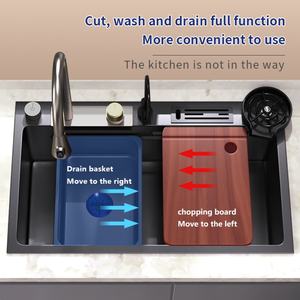 Fregadero de Cocina Moderno de Lujo, Multifuncional, Bajo Encimera, Nano Negro, Acero Inoxidable SUS304, Tazón Único, Diseño Cuadrado Inteligente con Cascada - Product Image 5