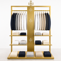 Présentoir de vêtements double face en or brossé, colonne logo îlot, étagère en bois personnalisable