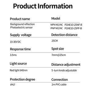 חיישן פוטואלקטרי אוניברסלי FUWEI FGNE10-25NF-B IP67 עם דיכוי רקע, ניתן להחלפה בין FGS ו-BGS, 25 ס\\\"מ, 3.5ms - Product Image 5