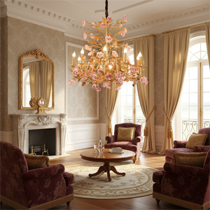 Lustre unique en laiton rose romantique avec fleurs en céramique rose, décoration lumineuse pour villa, salle à manger, éclairage décoratif - Product Image 5