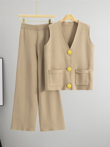 Conjunto de Dos Piezas de Punto Ligero <span class=keywords><strong>para</strong></span> <span class=keywords><strong>Mujer</strong></span>, Verano 2026, Chaleco sin Mangas con Cuello en V, Pantalones de Cintura Alta con Botones Decorativos, <span class=keywords><strong>para</strong></span> <span class=keywords><strong>Oficina</strong></span>, Venta al Por Mayor - Product Image 5