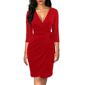 V Neck Wrap Sexy Solid Dress Women's Classic Elegant 3/4 Sleeve Bodycon Midi Solid Color Spring Simple Casual Sweet dress