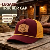 Casquette de golf perforée à 5 panneaux en polyester bicolore avec logo personnalisé premium, patch en cuir et trous découpés au laser