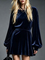 Robe chemise en velours romantique française pour femmes, col rond, manches longues lanternes, couleur unie, élégante et fluide, longueur mi-longue