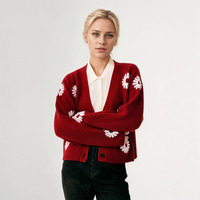 Sweter wol 100% wanita kustom jaket rajut bordir bunga kardigan atasan V-Neck bergaris hangat untuk wanita