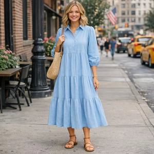 <span class=keywords><strong>Abito</strong></span> Personalizzato in <span class=keywords><strong>Lino</strong></span> <span class=keywords><strong>Azzurro</strong></span> con Colletto a Camicia per Donne, con Maniche a Sbuffo e Volant a Strati <span class=keywords><strong>Abito</strong></span> Elegante Adatto per Donne. - Product Image 2