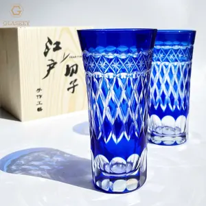 Cangkir Kiriko Jepang Daur Ulang biru terukir kaca kristal tertiup tangan cangkir Sake ukiran tangan cangkir minum kaca