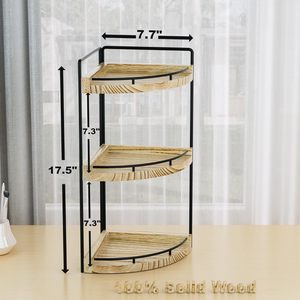 Estante esquinero de madera de tres niveles para almacenamiento en encimeras de baño, organización de cosméticos y artículos diversos. - Product Image 1