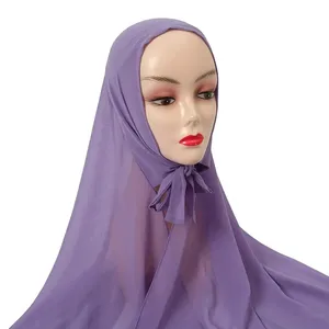 Yomo方便头巾批发穆斯林可拉伸自由尺寸雪纺头巾透气纯色头巾女长披肩