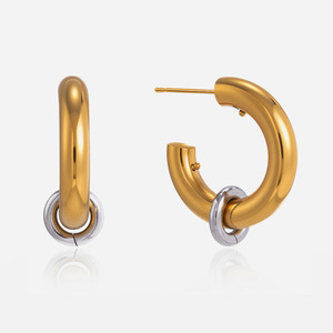 C-Shaped <b>Huggie</b> Earrings Stainless Steel Gold Tone With <b>Silver</b> Ring Detail Fashion Hoop Earrings - Product Image 1