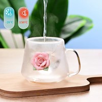 Taza de Café de Vidrio de Borosilicato de 200 ml con Decoración 3D de Rosa o Lazo para Té, Leche o Regalos