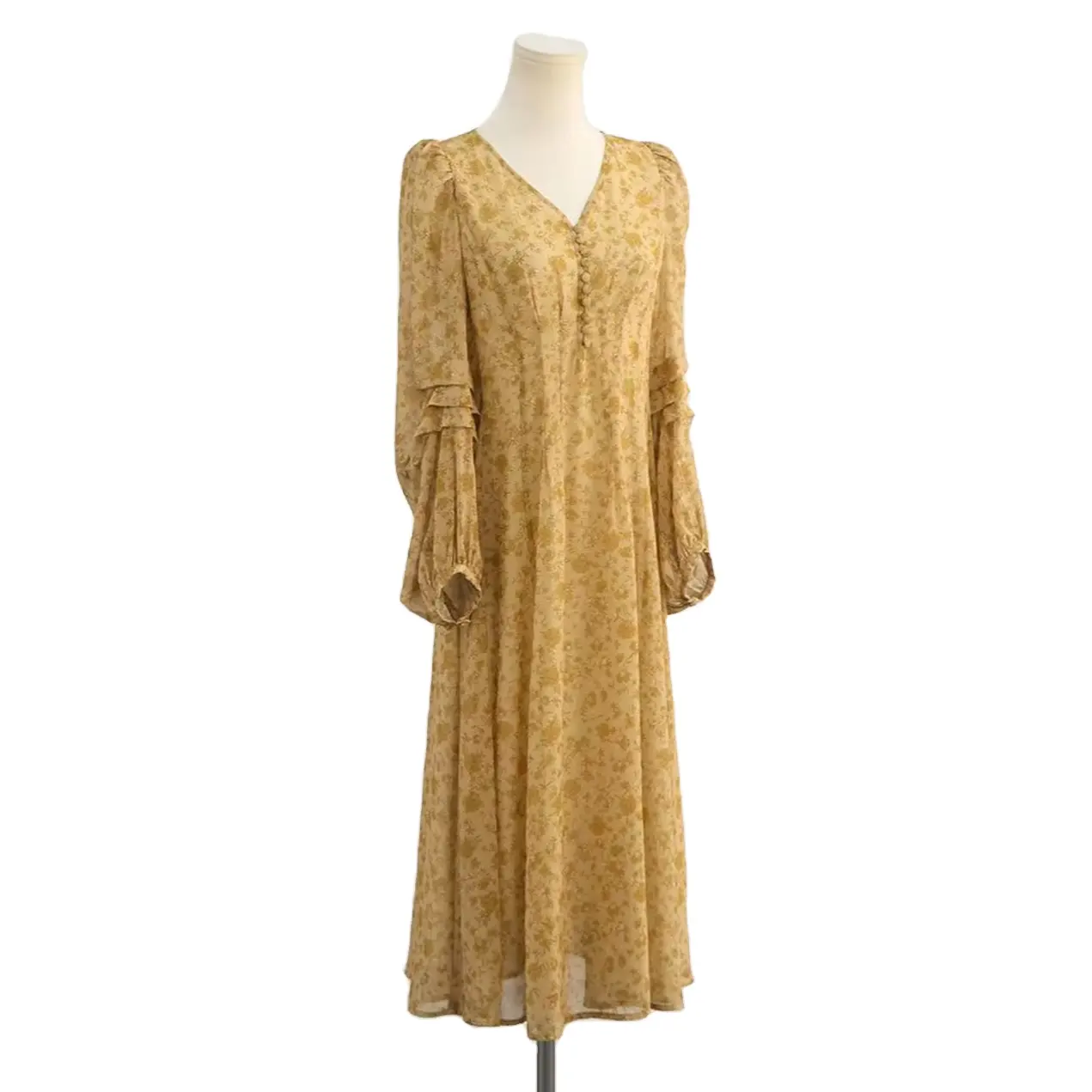 Elegantes Blumendruck V-Ausschnitt eine Zeile langes gelbes Chiffon-Kleid für Damen