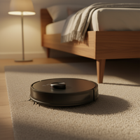 Robot aspirateur silencieux 65 dB avec notification audio en 5 langues, aspiration 5000 Pa, filtre HEPA et navigation laser pour usage domestique