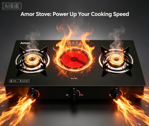 Estufa de Cocina Amor 2 con 2 Quemadores de Gas + 1 Infrarrojo, 3 Quemadores, Vidrio Templado, Soportes de Hierro Fundido, GLP/GN, para Hogar y Cocina Moderna - Product Image 1