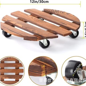 Plateau rond en bois pour plantes avec roulettes, support de fleurs rotatif portable, rangement pour usage intérieur et extérieur - Product Image 4
