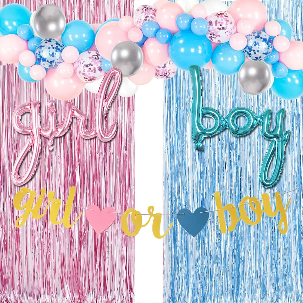 PAFU Gender Reveal Party Dekoration Jungen oder Mädchen Glitter Banner Folie Ballon Lametta Vorhang Pink Blue Balloon Garland Kit