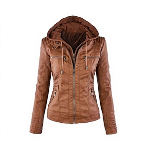 Women's <b>Hooded</b> PU Leather Motorcycle Jacket Solid Color Zipper Closure Windproof Autumn Style Full Sleeve Regular Length - Product Image 3