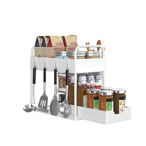 Under kitchen Bathroom Sink Storage 2 Tier Organizer Bath Collection Baskets with Hooks, Black Under Sink Shelf Organizer