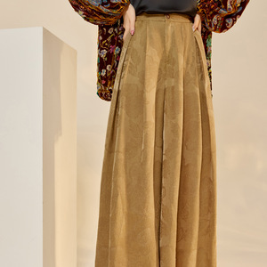 New Chinese Style Early Autumn Loose High Polyester Jacquard Wide-Leg Long <strong>Pants</strong> for Women Gold Weaving Satin Draping N8046 - Product Image 1