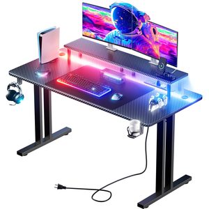 โต๊ะเกมมิ่งคาร์บอนไฟเบอร์ SENYU พร้อมไฟ LED ที่แขวนหูฟัง และปลั๊กไฟ ขนาด 63 x 24 นิ้ว โครงโลหะ - Product Image 1