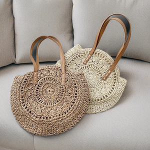 Palha oca saco tecido feminino Handmade tricô tecido Summer Seaside Holiday Beach Tote <span class=keywords><strong>Bag</strong></span> All-Match <span class=keywords><strong>Round</strong></span> Shoulder <span class=keywords><strong>Bag</strong></span> - Product Image 4