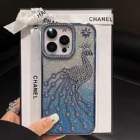 Coque pour iPhone 17 Pro Max Air 17 Pro 16 15 14 Plus 13 11 12 avec cadre plaqué paon, autocollants pailletés et strass
