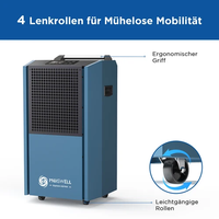 Déshumidificateur commercial Moiswell DEP80, électrique, 90 litres, 34 kg, relancement automatique, couverture de 350 m², 915 watts, bleu