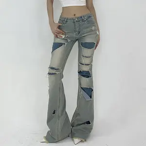 DL8108 2024 summer new street rags beggar wind wash water to do old jeans slim flared pants